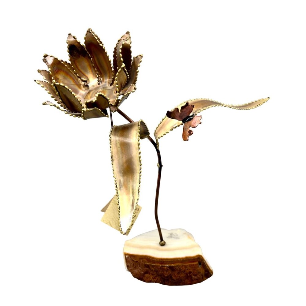 Vintage Yosi Brutalist Metal Flower Sculpture with Butterfly Onyx Base 12"H - Picture 2 of 11